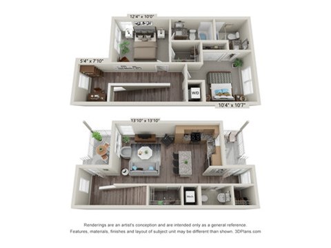 Floor plan for 2 beds, 2.5 baths, 1250 sqft